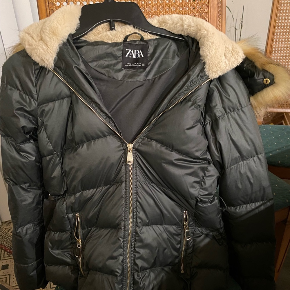 Zara dark pewter color Hooded Woman's Faux Fur Trim Puffer Coat Jacket Size XS